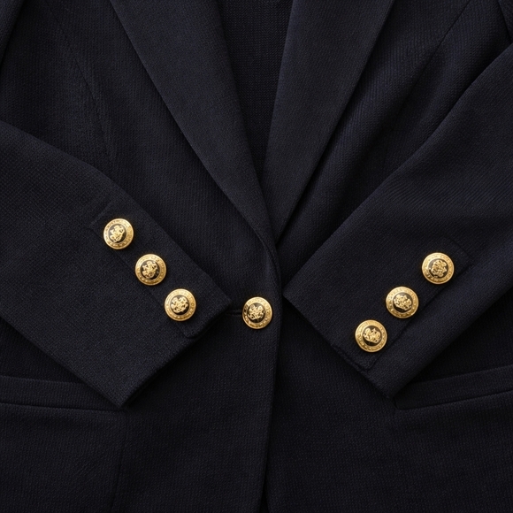 ST. JOHN BASICS Santana Knit Blazer Black Gold Crest Buttons Made In USA Size 12 - Picture 3 of 9